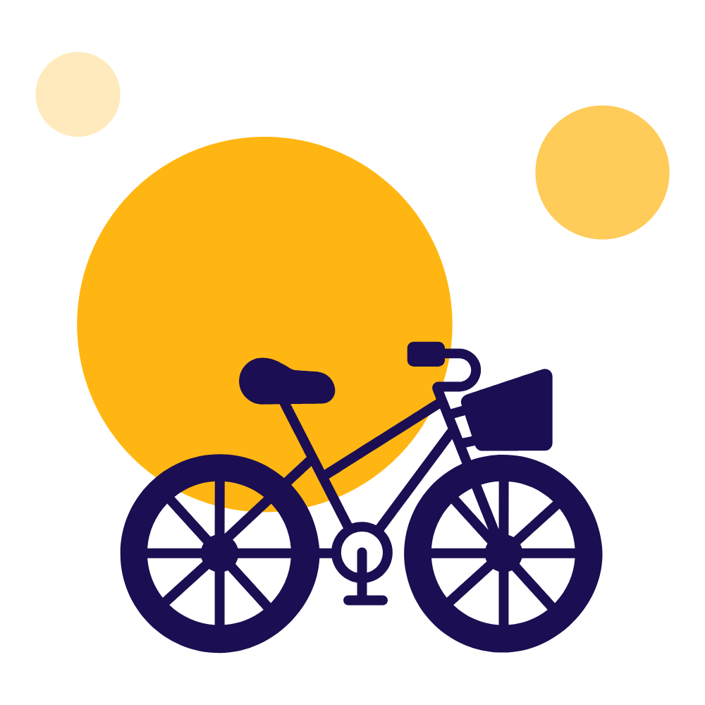 A drawing of a bicycle with yellow circles around it