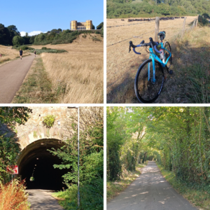 A collage of pictures including a field, a blue bicycle next to a fence, a tunnel on a cycle path, and a path through a forest.